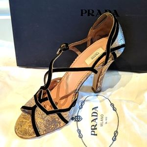 Prada Gold and Black Suede Open-toed Heel